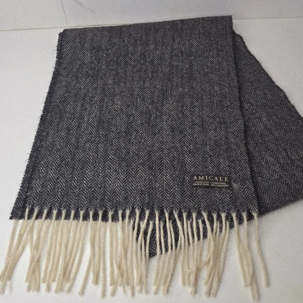 Amicale Unisex Super Soft Lightweight Dark Grey 100% Lambs Wool Scarf Fringe